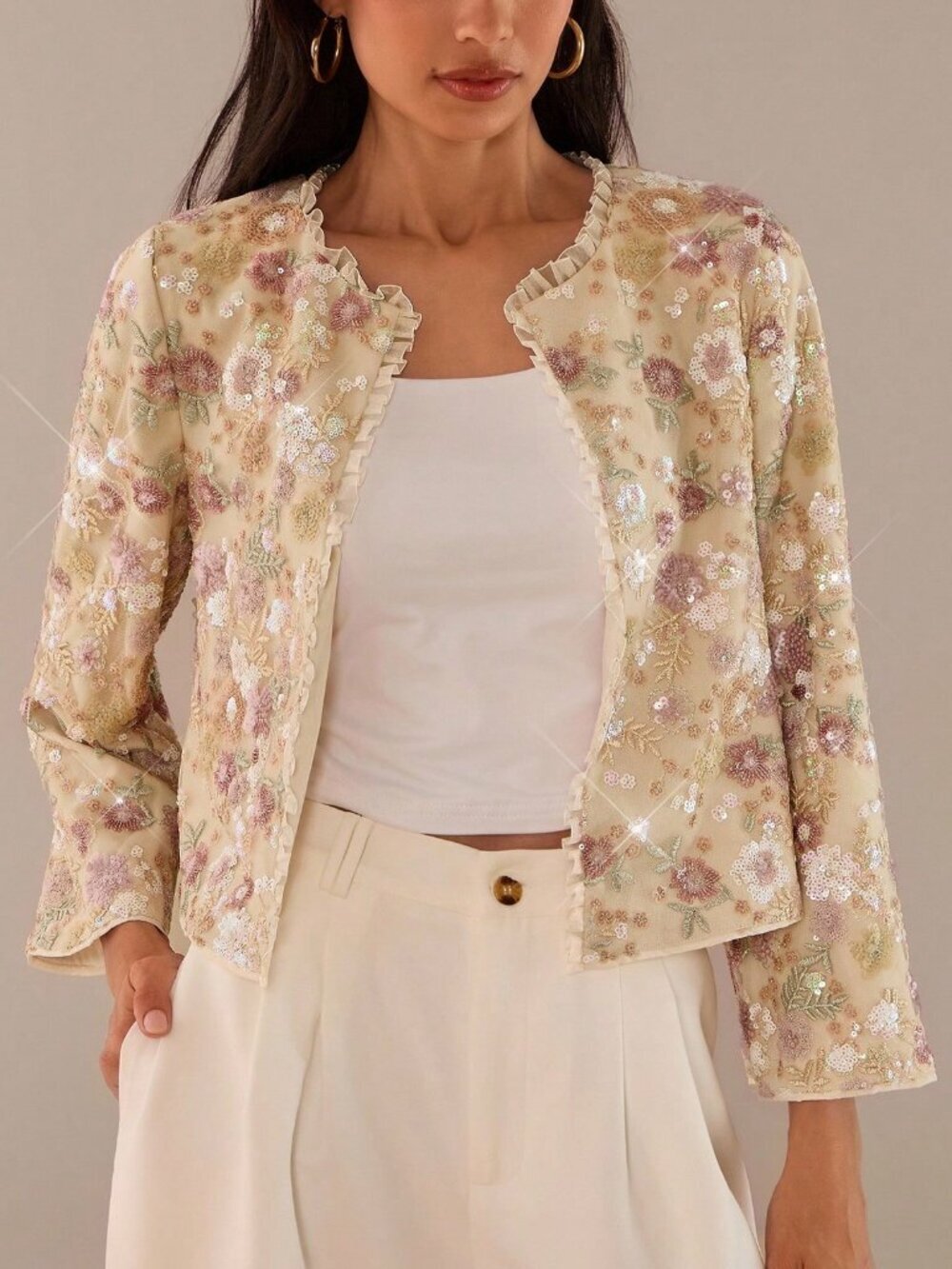 Multicolor Boho Women's Casual Long Sleeve Frill Trim Sequins Lace Sheer Jacket